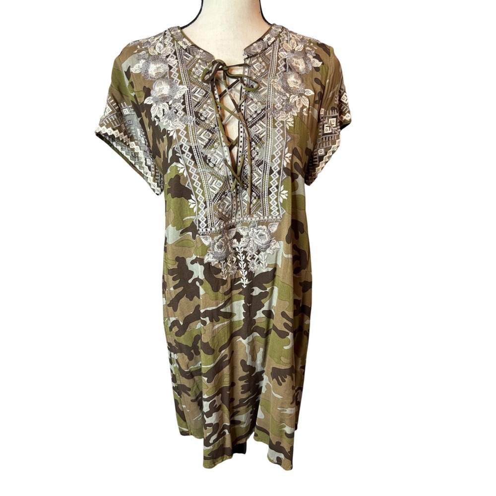 Andree by UNIT Camo Embroidered Lace Up Shift Dress XL Green Brown Boho